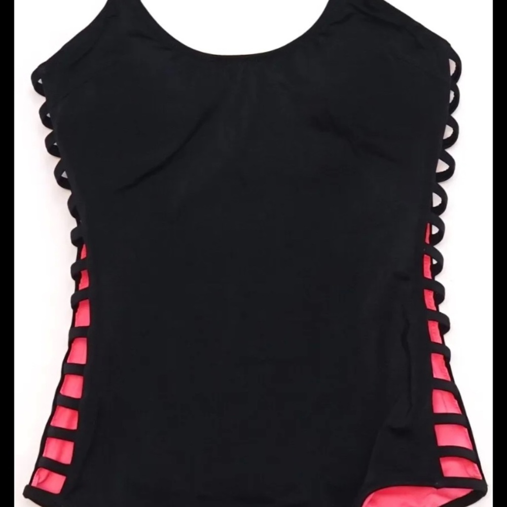NWT Victoria's Secret PINK Black Strappy Cage Side Halter One Piece Bathing Suit